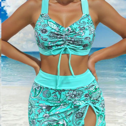 Printed Drawstring High Waist Split Bikini plus Size Three Piece Sets Swimsuit Women
