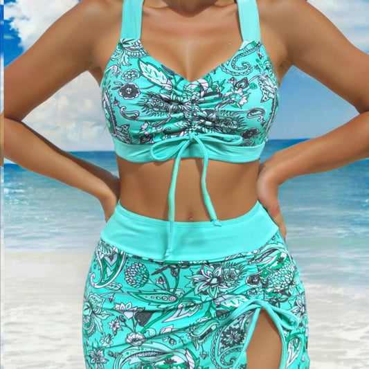 Printed Drawstring High Waist Split Bikini plus Size Three Piece Sets Swimsuit Women