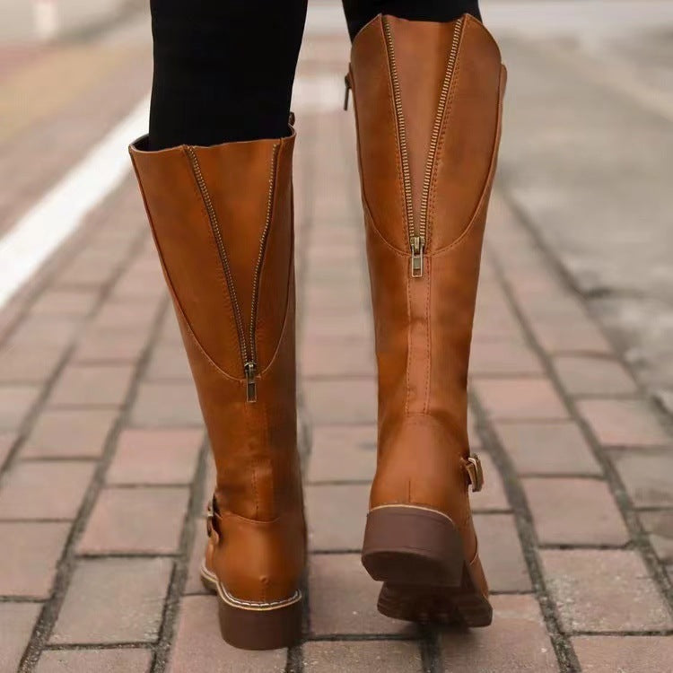 Thick Heel Long Tube Motorcycle Boots Women Side Zipper High Top Low Heel Knight Leather Boots