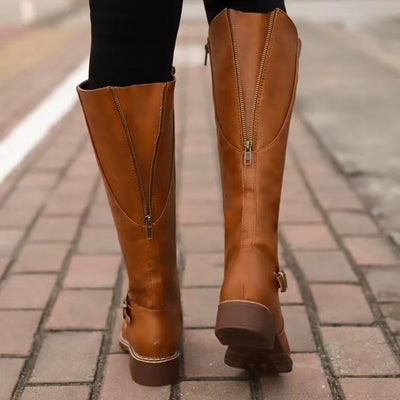 Thick Heel Long Tube Motorcycle Boots Women Side Zipper High Top Low Heel Knight Leather Boots