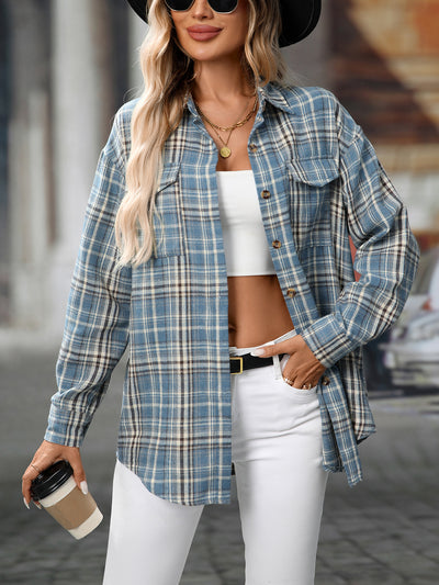 Autumn Winter Women Clothing Casual Loose Plaid Pocket Shirt for Women