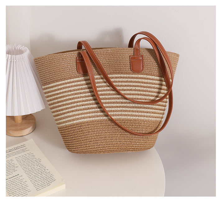 Simple Shoulder Straw Bag Woven Bag Summer Large Capacity Casual All Match Women Seaside Beach Rattan Woven Bag - GLAMWEARS