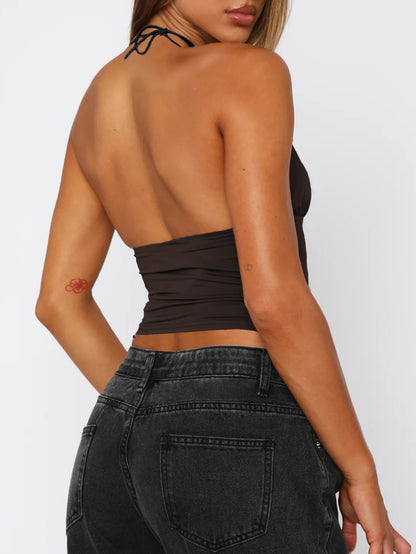 Spring Summer Sexy Sexy Lace Stitching Hollow Out Cutout out Halter Strap Top