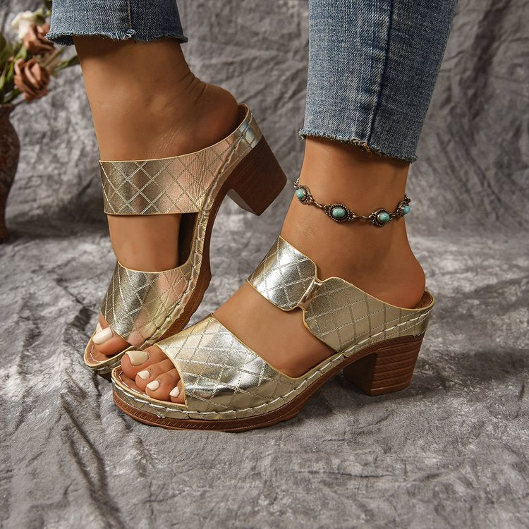 Open Toe High Heel Slippers Women Chunky Heel Embossed Sandals