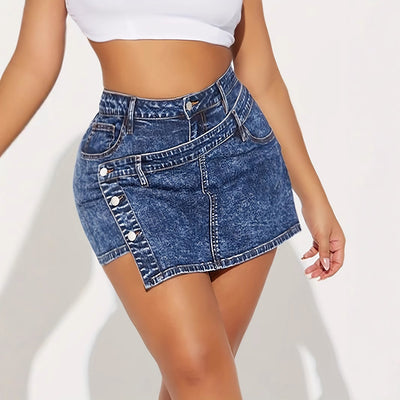 Ladies Asymmetric Front Strap High Elastic Snowflake Craft Denim Shorts Multi Button Decoration