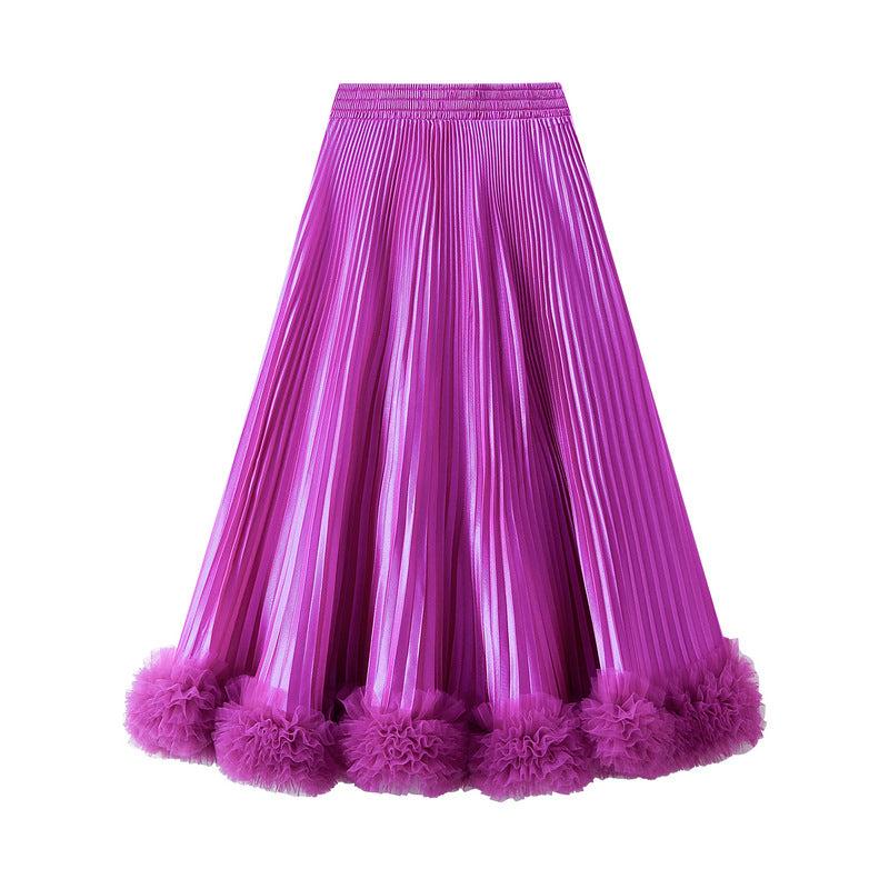 Elegant Pleated Petal Skirt Women High Grade Mid Length A line Skirt Wooden Ear Skirt