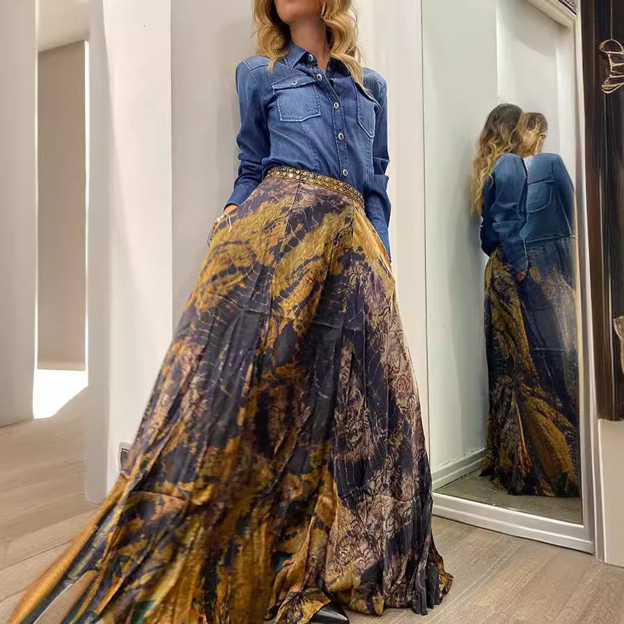 Women Autumn Retro Printed Elastic Waist Long Skirt