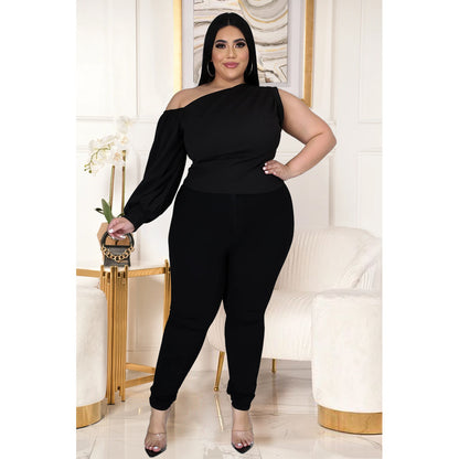 Plus Size Solid Color Shoulder Shoulder Sleeve Asymmetric Top Women