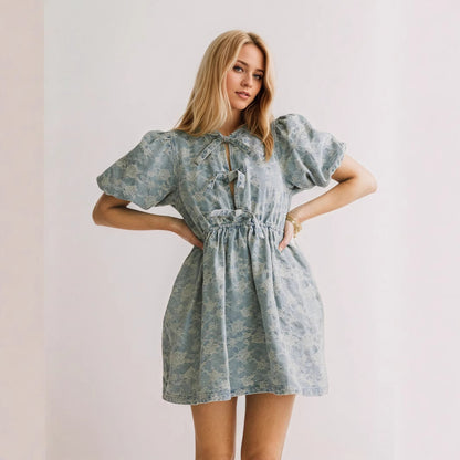 Elegant Sweet Denim Blue Puff Sleeve Design Blue Floral Drawstring Women Denim One Piece Dress Denim Dress