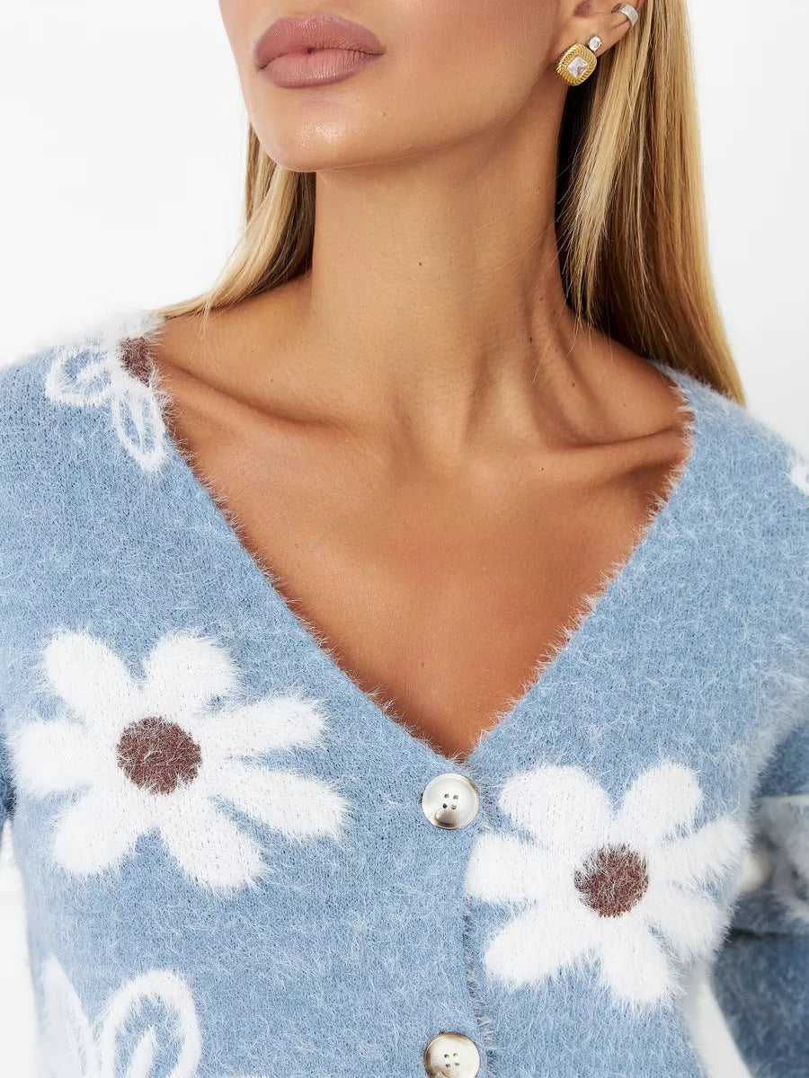 Short Floral Knitted Cardigan Autumn V neck Mink Velvet Brocade Sweater Women