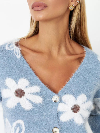 Short Floral Knitted Cardigan Autumn V neck Mink Velvet Brocade Sweater Women