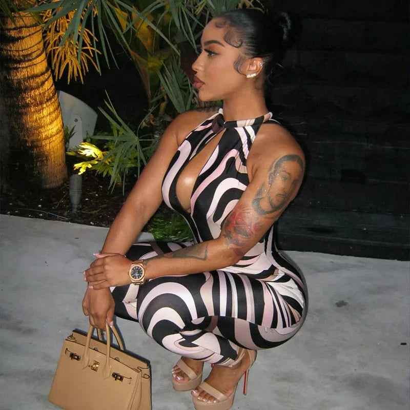 Personality Women Sleeveless Zebra Pattern Jumpsuit - Hollow Out Cutout Slim Fit Sheath Long Jumpsuit