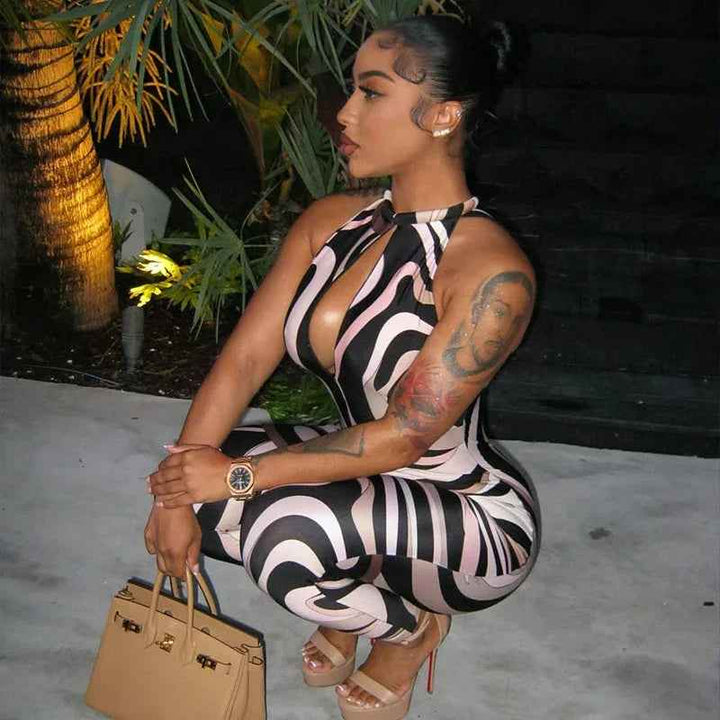 Personality Women Sleeveless Zebra Pattern Jumpsuit - Hollow Out Cutout Slim Fit Sheath Long Jumpsuit