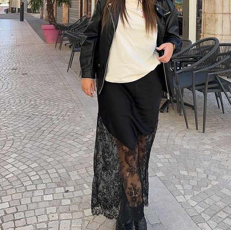 Design Lace Stitching See through Skirt Women Spring Autumn Office Hip Skirt