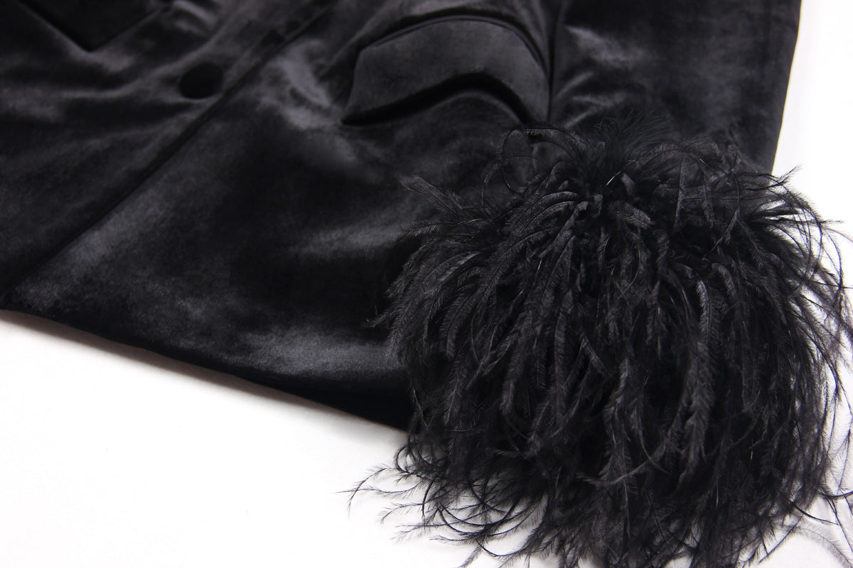Spring Autumn Velvet Women Ostrich Feather Jacket Blazer