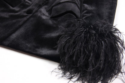 Spring Autumn Velvet Women Ostrich Feather Jacket Blazer