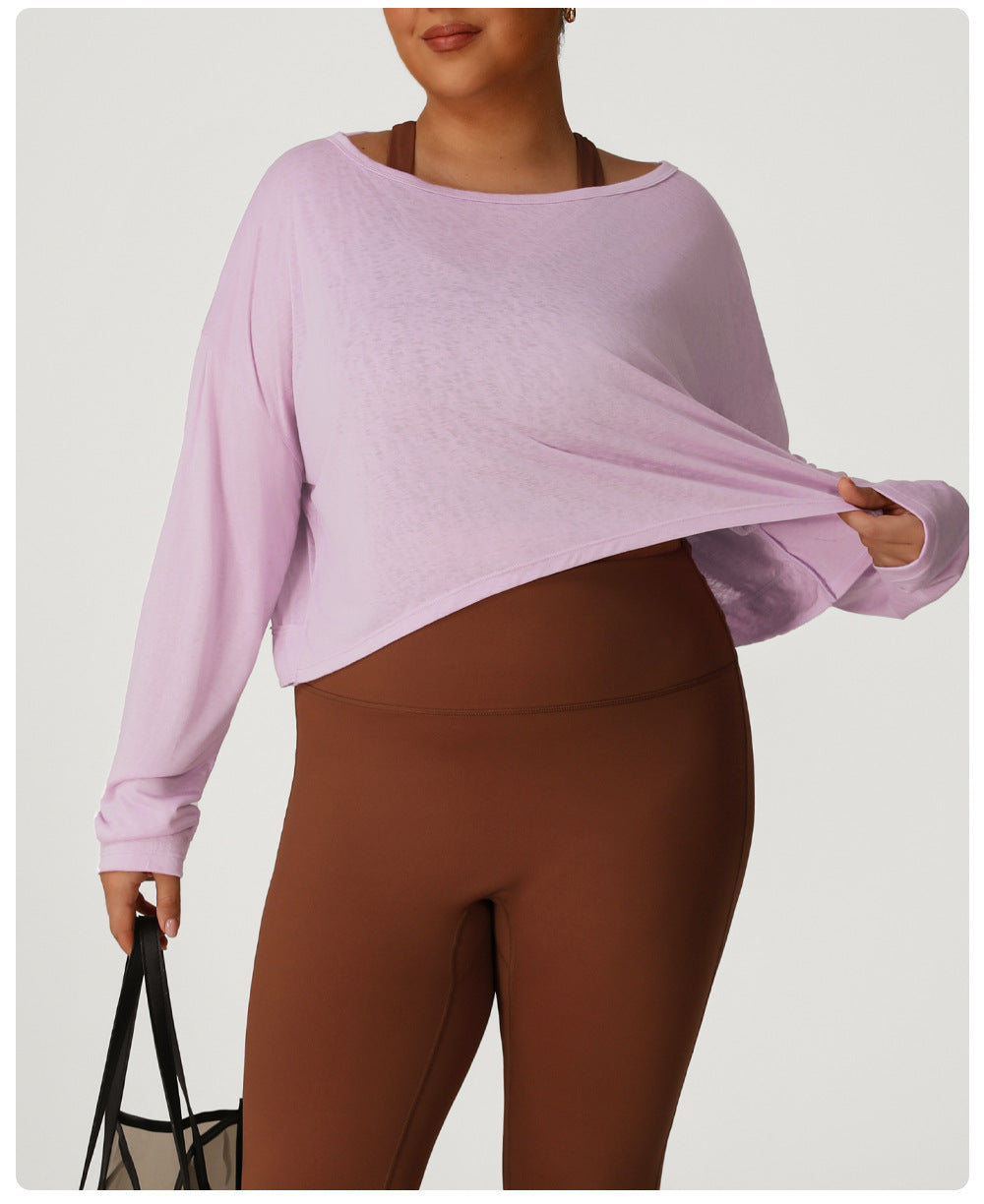 Plus Size Women Loose Sun Protection Long Sleeved Sports Blouse Women Backless Quick Drying Breathable Jacquard Yoga Workout Clothes Top