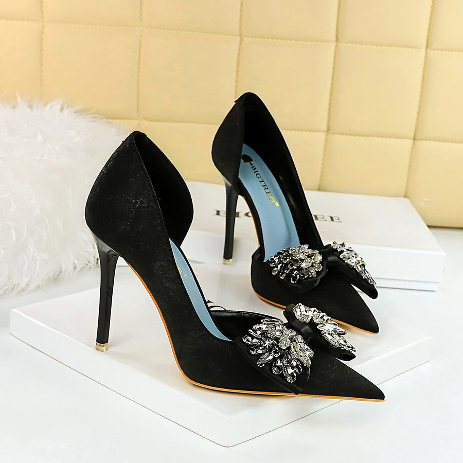 High Heels Stiletto Low Cut Pointed Side Hollow Out Cutout Cloth Surface Ultra High Heel Rhinestone Bow Pumps