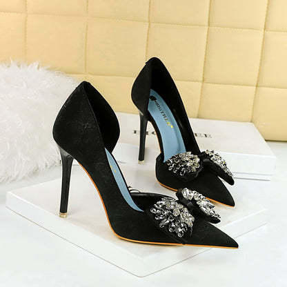 High Heels Stiletto Low Cut Pointed Side Hollow Out Cutout Cloth Surface Ultra High Heel Rhinestone Bow Pumps