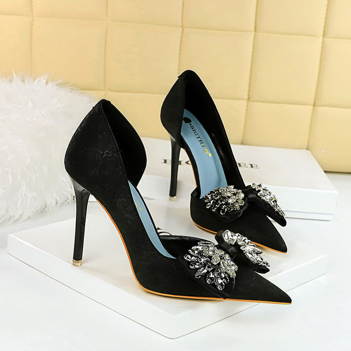 High Heels Stiletto Low Cut Pointed Side Hollow Out Cutout Cloth Surface Ultra High Heel Rhinestone Bow Pumps - GLAMWEARS