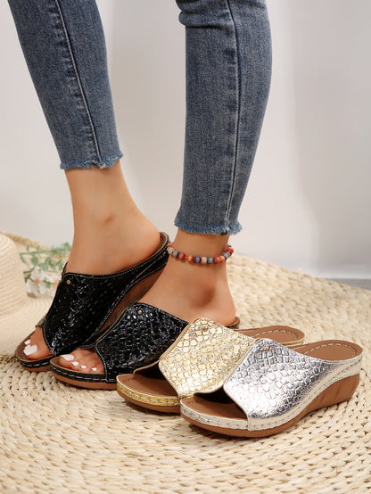 Thick Bottom Peep Toe Slippers Women Stone Pattern Wedge Beach Slippers