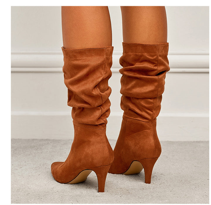 Spring Catwalk Wrinkled Surface Slip on Suede Stiletto Heel Women High Heel Boots - GLAMWEARS
