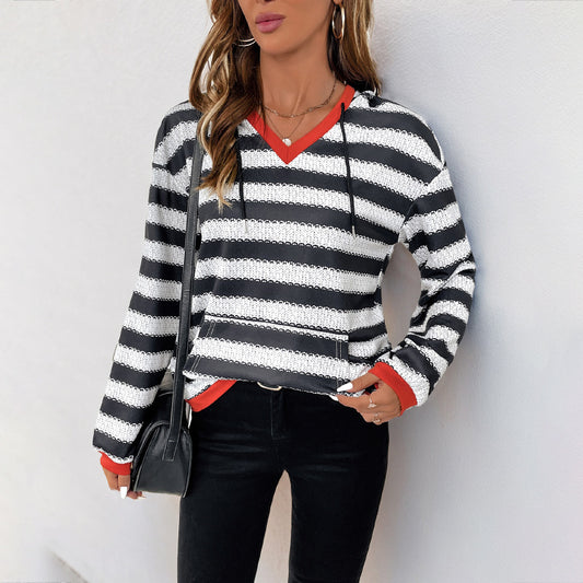 Spring Autumn Sports Casual Contrast Color Decorative Stripes Thin Hoodie Women