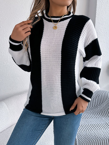Autumn Winter Casual Contrast Color Striped Lantern Long Sleeve Pullover Women Clothing