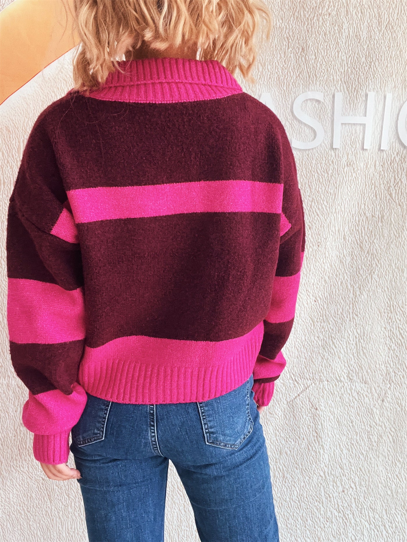 Autumn Winter Contrast Color Striped Knitted Sweater Collared Office Long Sleeve Women Pullover