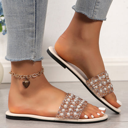 Plus Size Flat Bottom Pearl Slippers Women Square Toe Open Toe Lightweight Beach Sandals Slippers