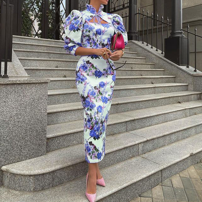 Early Autumn Women Clothing Sexy Slim Stand Collar Midi Printed Dress