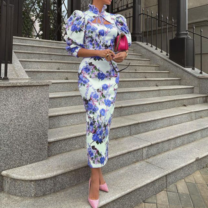 Early Autumn Women Clothing Sexy Slim Stand Collar Midi Printed Dress