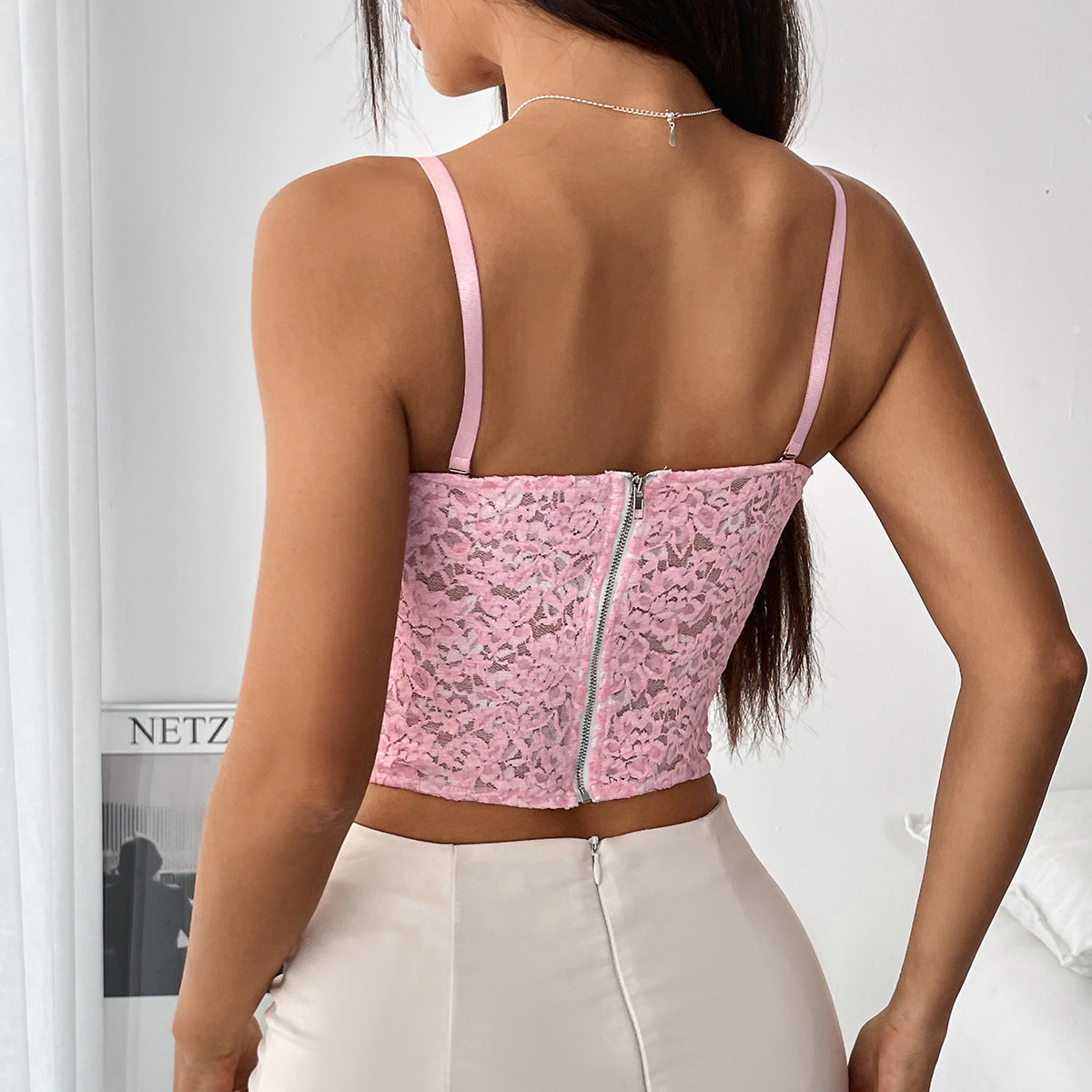 Spring Summer Travel Double Layer Floral Lace Fresh Boning Corset Detachable Shoulder Strap Tube Top Vest