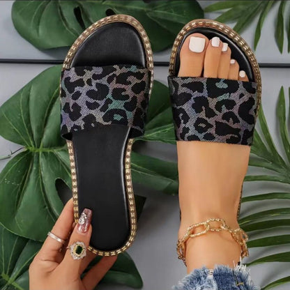 Flat Color Leopard Print Slippers Women Outer Wear Candy Color Lightweight Beach Slippers