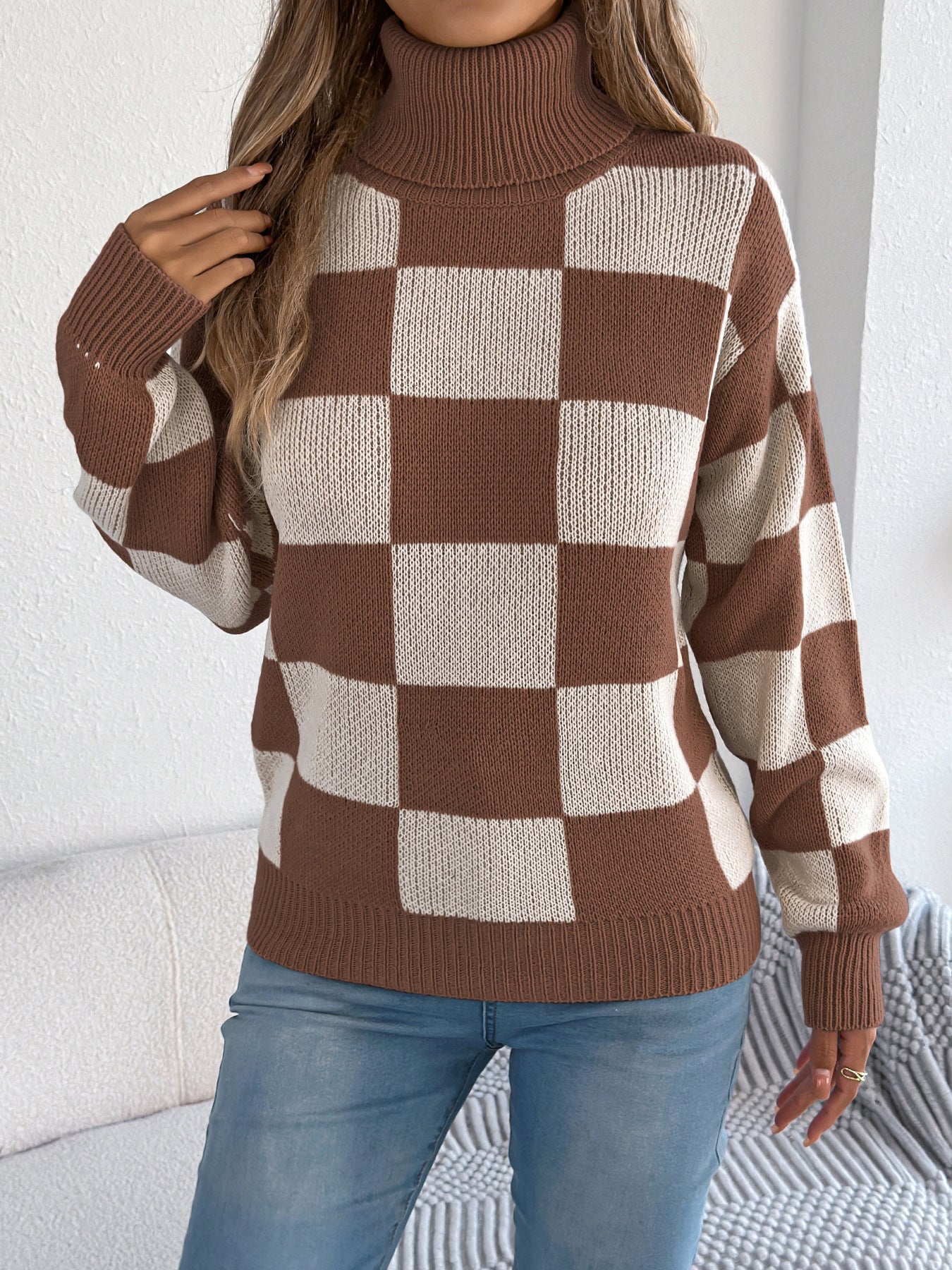 Autumn Winter Casual Turtleneck Color Contrast Check Lantern Long Sleeve Sweater Women Clothing