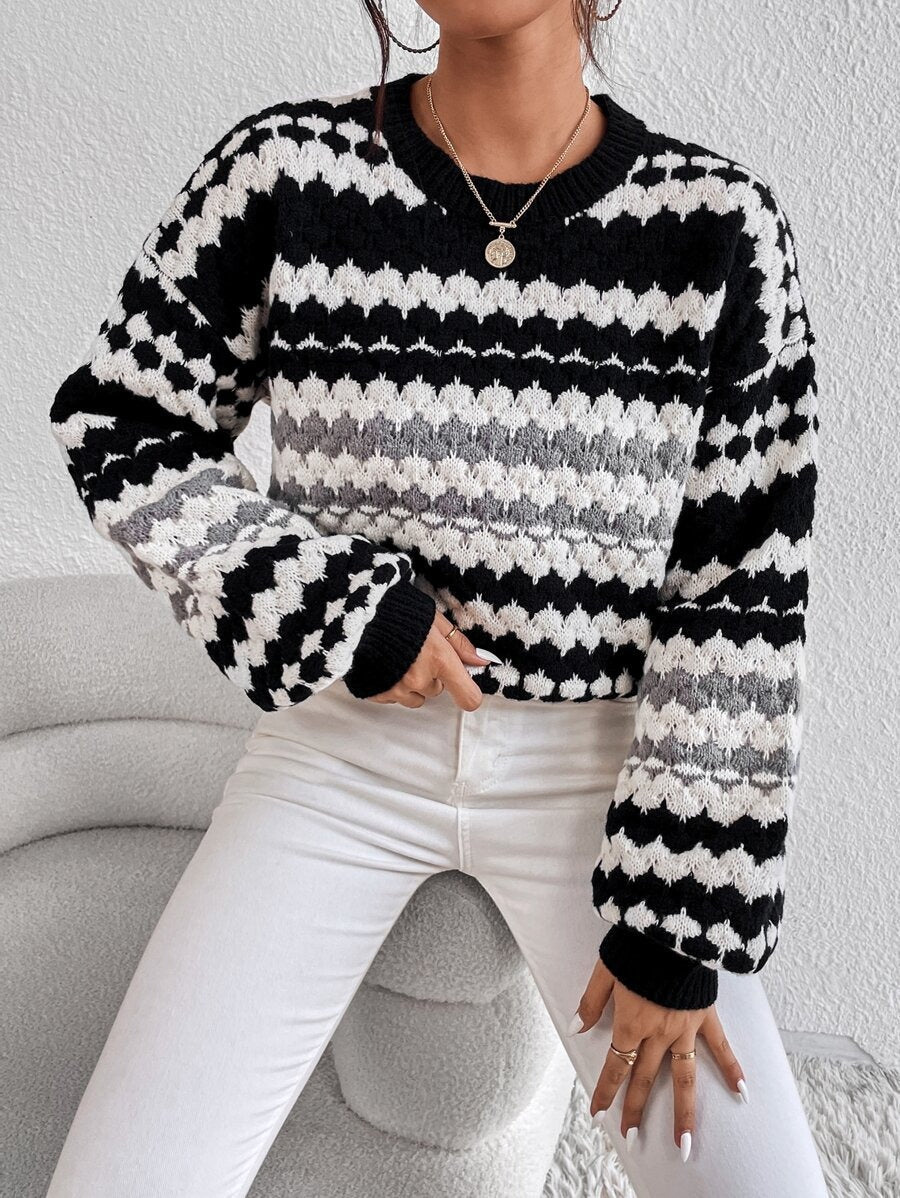 Autumn Winter Office Striped Pullover Loose Outer Wear Idle Knitted Sweater for Women
