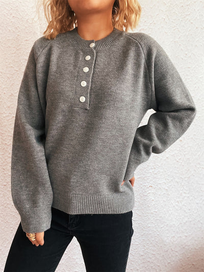 Solid Color Buttons Casual Retro Knitted Top round Neck Long Sleeve Warm Sweater