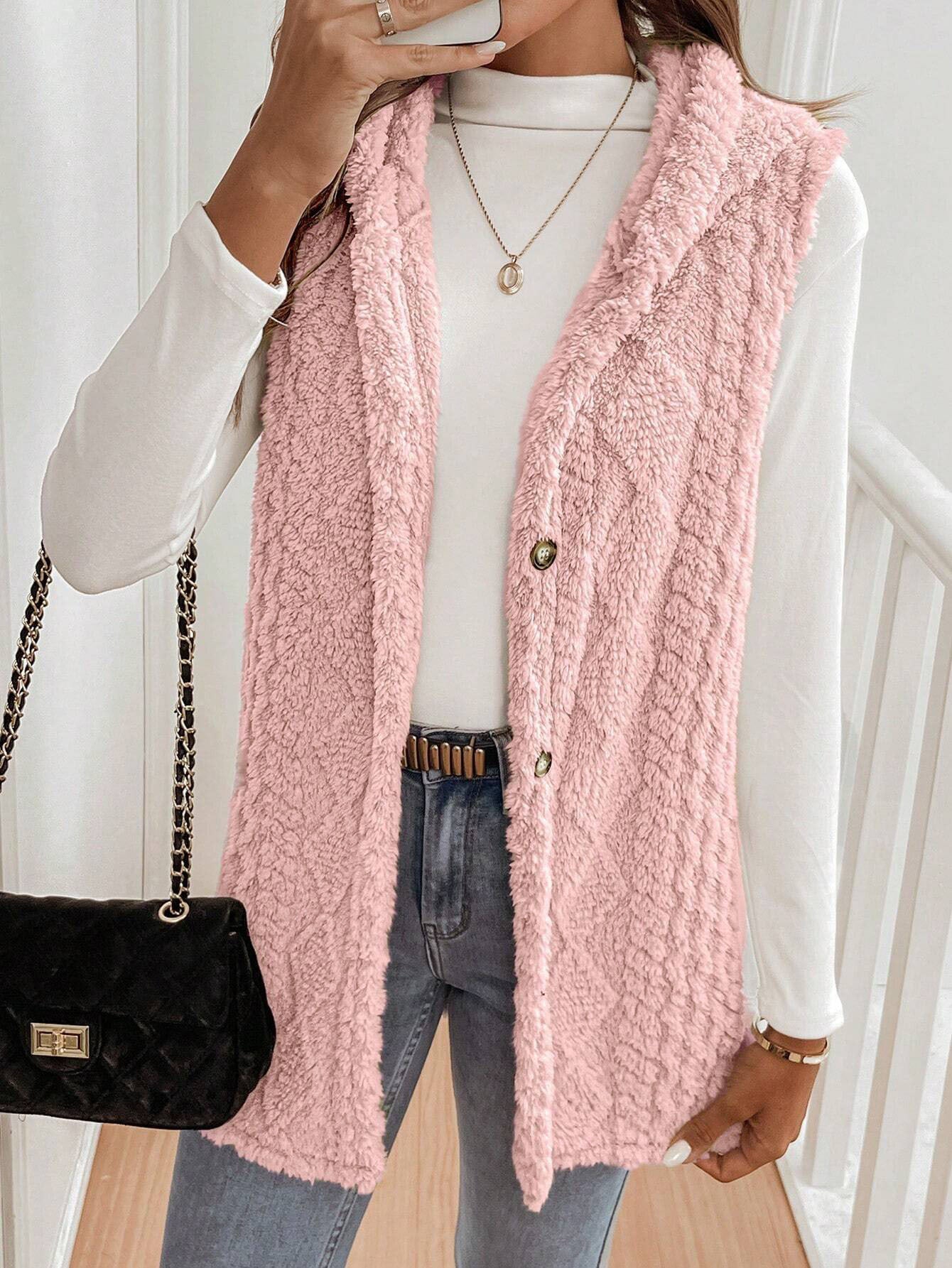 Autumn Winter Women Double Sided Plush Casual Hooded Cardigan Vest