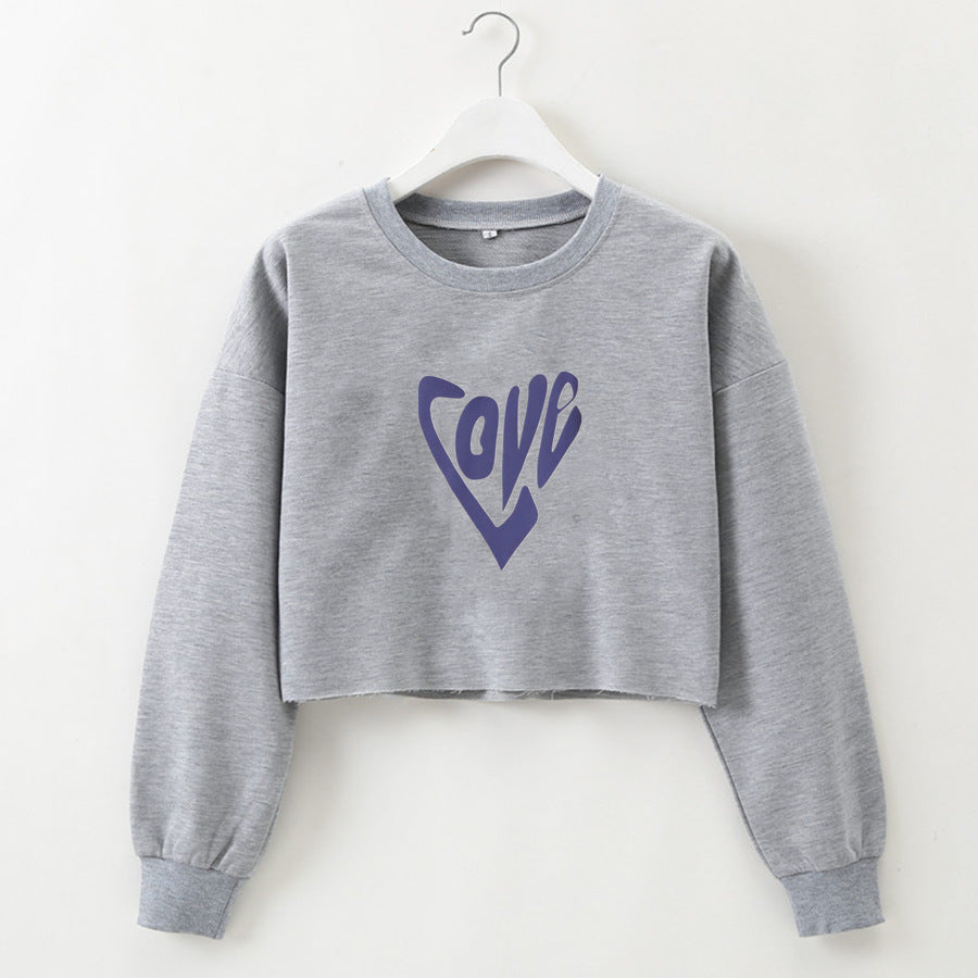 Women Clothing Autumn Winter Love Heart-Shaped Letter Graphic Printing round Neck Short Long-Sleeved Sweatshirt