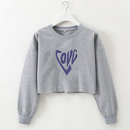 Women Clothing Autumn Winter Love Heart-Shaped Letter Graphic Printing round Neck Short Long-Sleeved Sweatshirt