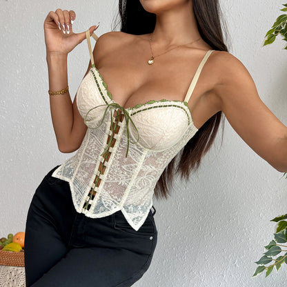 Summer Sweet Girl Solid Color Embroidered Rope Zipper Shaped Slim Fit Transparent Camisole