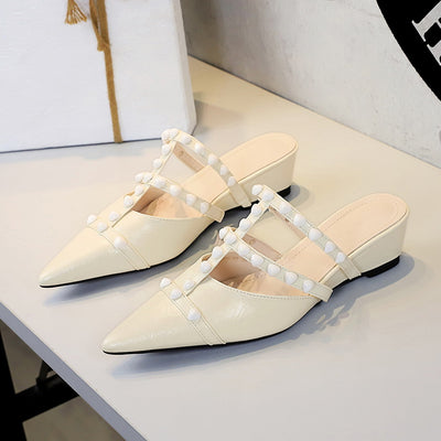 Fairy Pearl Chain Toe Cap Slipper Outer Wear Comfortable All Match High Grade Slip on Women Shoes