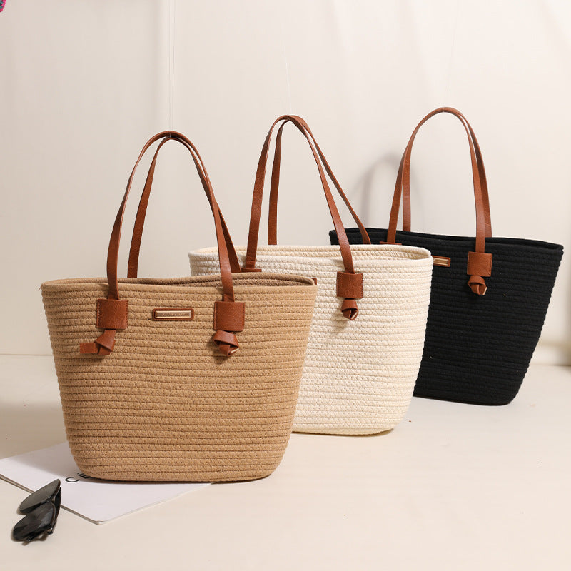One Shoulder Cotton Thread Woven Bag Large Capacity Tote Straw Bag Vacation Beach Women Bag - GLAMWEARS