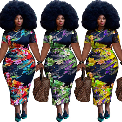 Plus Size Summer New Floral Printed Sexy Tight Dress
