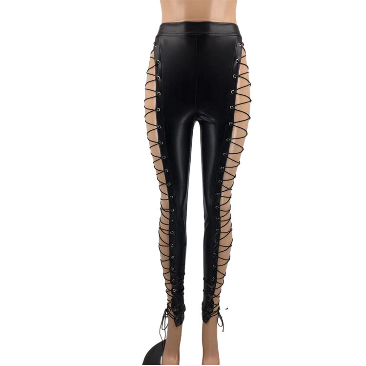 Spring Black Pants Sexy Casual Slim Criss Cross Strap Trousers