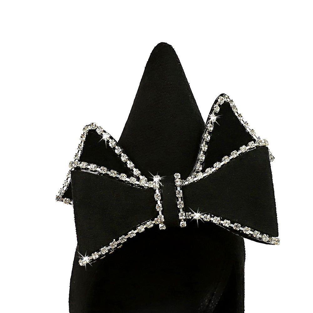 Sexy Nightclub Super High Heel Women Shoes Stiletto Suede Shallow Mouth Pointed Toe Rhinestone Bow Pumps - GLAMWEARS
