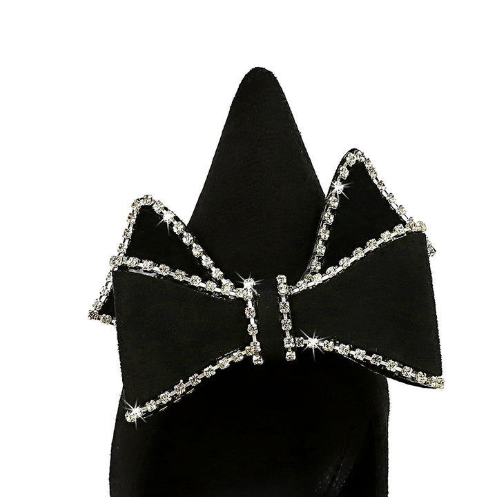 Sexy Nightclub Super High Heel Women Shoes Stiletto Suede Shallow Mouth Pointed Toe Rhinestone Bow Pumps - GLAMWEARS