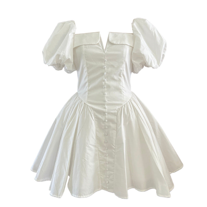 French Elegant Short Collarless Sleeve Waist Slimming Design High Waist Dress Women