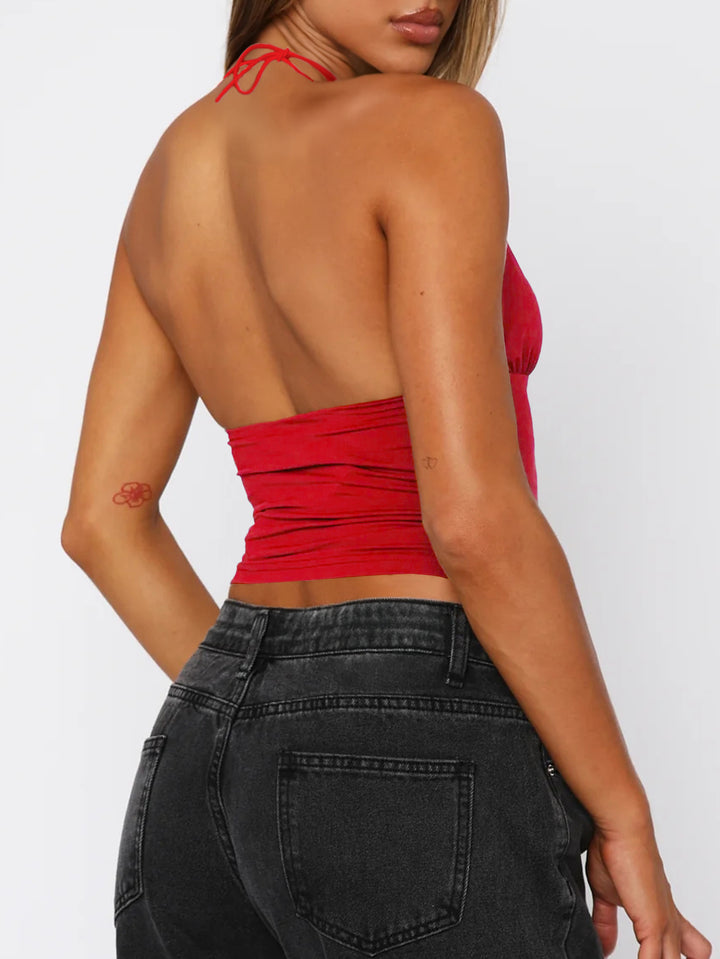 Spring Summer Sexy Sexy Lace Stitching Hollow Out Cutout out Halter Strap Top - GLAMWEARS