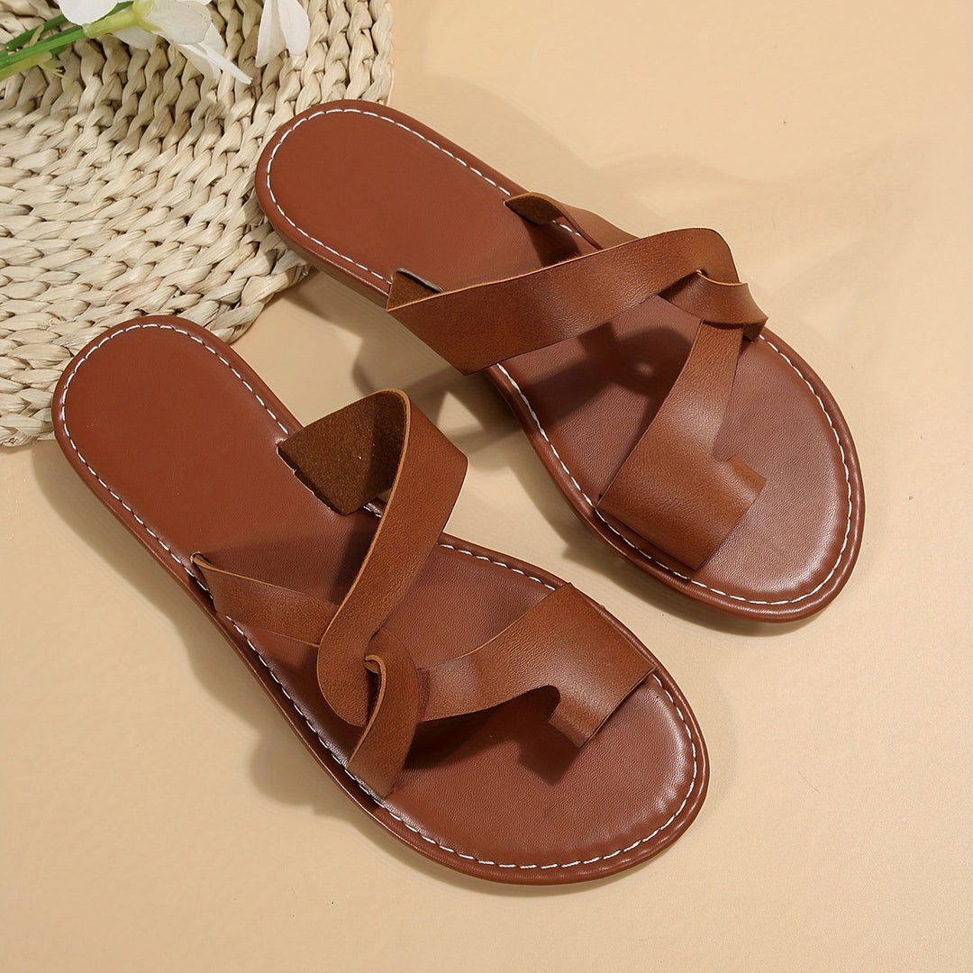Retro Flat Bottom Toe Ring Slippers Women Wear with Cross Beach Slippers - GLAMWEARS